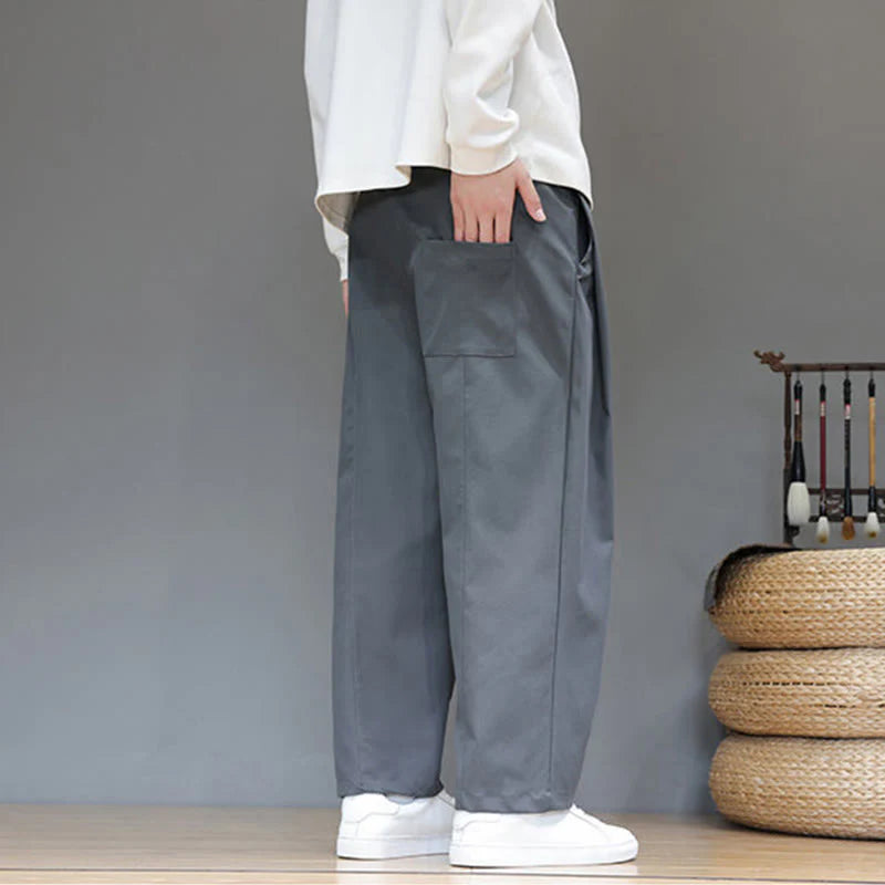Buddha Stones Fall Solid Color Straight Leg Design Men's Harem Pants With Pockets