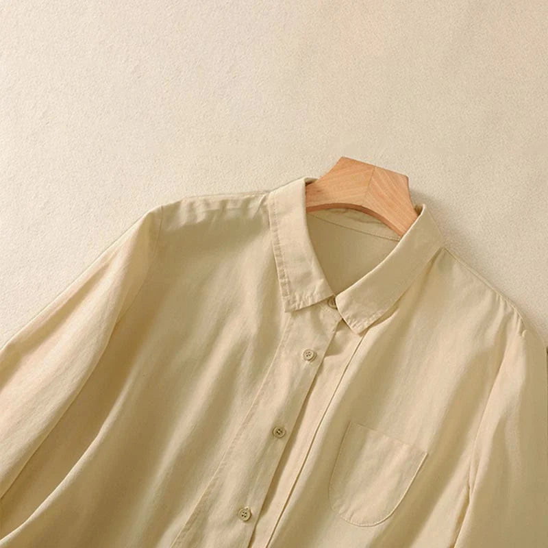 Buddha Stones Spring Lapel Long Sleeve Plain Women's Cotton Buttons Shirt With Pockets