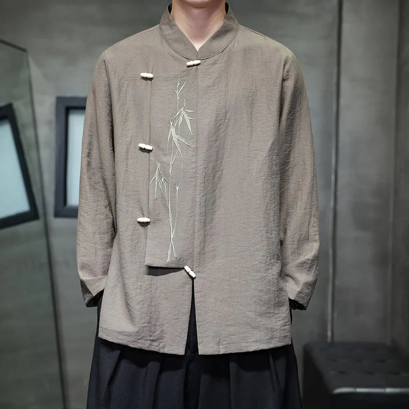 Buddha Stones Fall Solid Color Bamboo Leaf Embroidery Men's Long Sleeve Cotton Linen Shirt