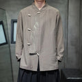 Buddha Stones Fall Solid Color Bamboo Leaf Embroidery Men's Long Sleeve Cotton Linen Shirt
