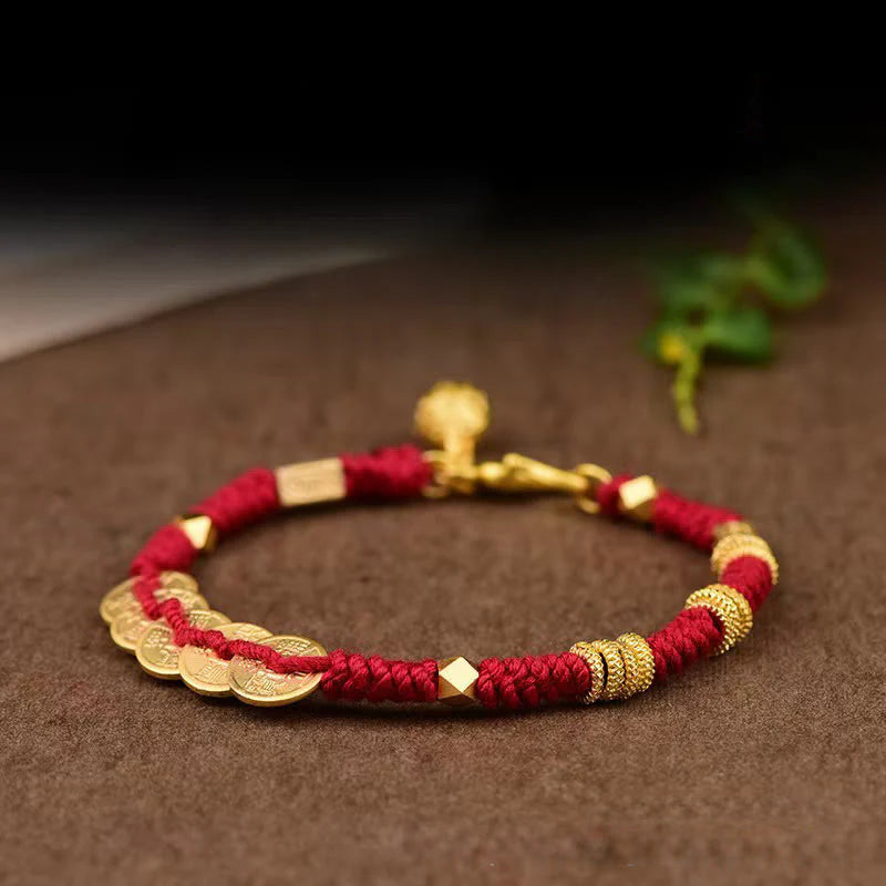 Buddha Stones Handmade Five Emperor Coins Wealth String Braided Bracelet