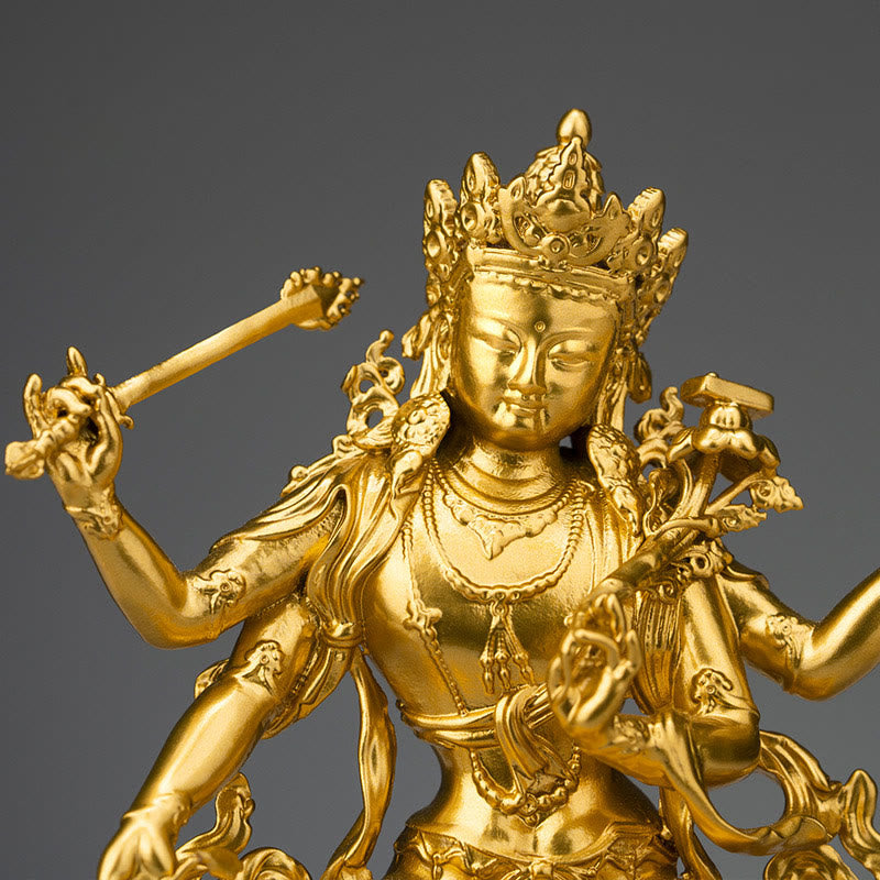 Buddha Stones Four-armed Manjusri Bodhisattva Gold Figurine Compassion Serenity Copper Statue Home Decoration