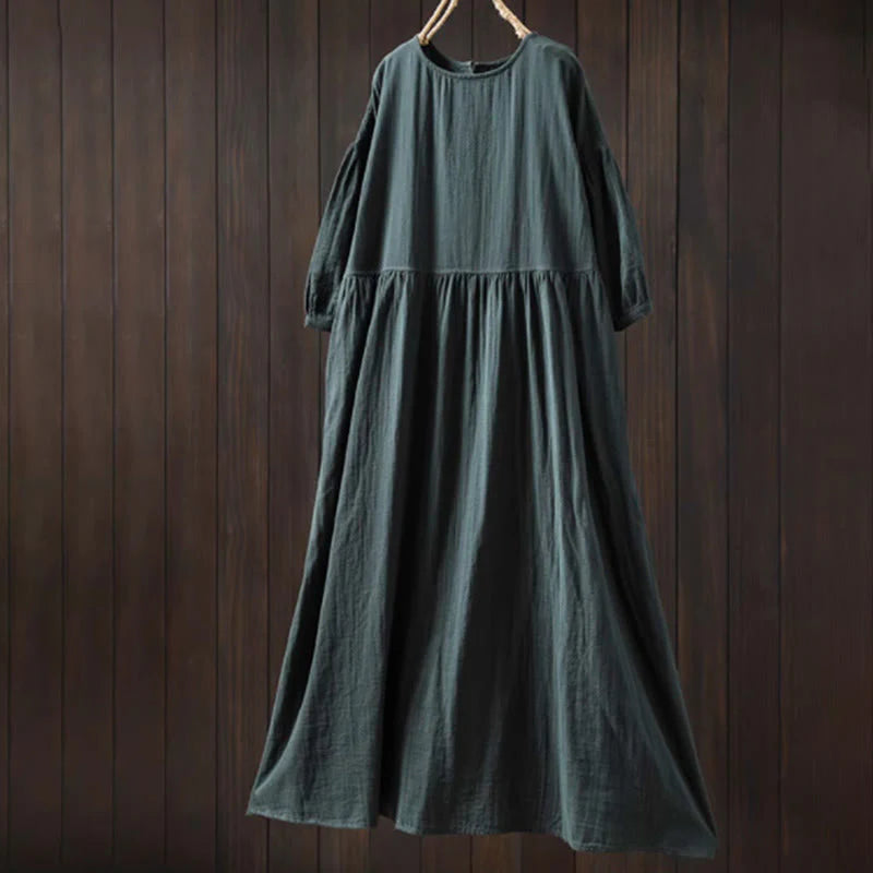 Buddha Stones Summer Solid Color Crew Neck Half Sleeve Cotton Midi Dress With Pockets