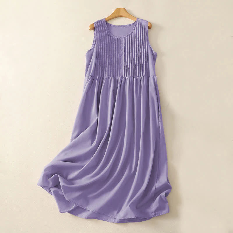Buddha Stones Summer Pure Color Accordion Pleats Sleeveless Knee Length Dress With Pockets