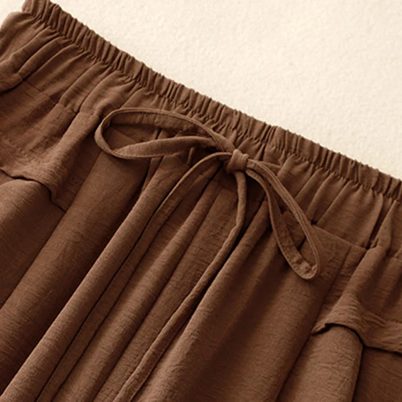 Buddha Stones Causal Ethnic Simple Drawstring Design Women's Wide Leg Cropped Pants With Pockets