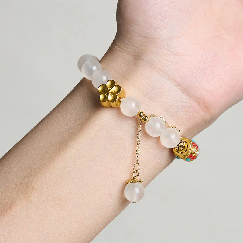 Buddha Stones Tibetan White Agate Crystal Stone Flowers Positivity Bracelet