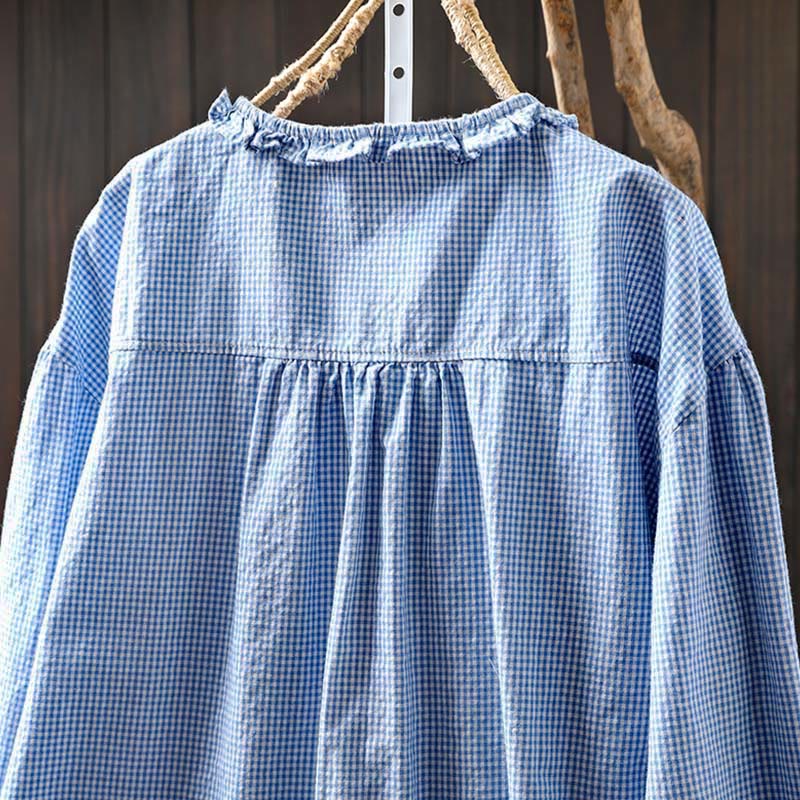Buddha Stones Spring Small Plaid Buttons Down Long Sleeve Women's Cotton Shirt