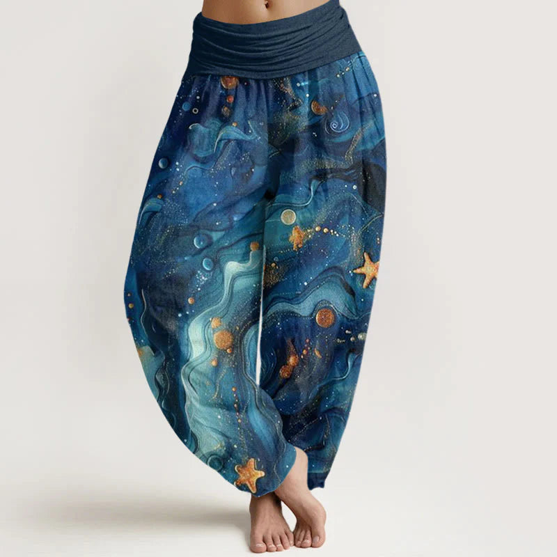 Buddha Stones Cotton Oceanic Golde Star Pattern Women's Elastic Waist Harem Pants