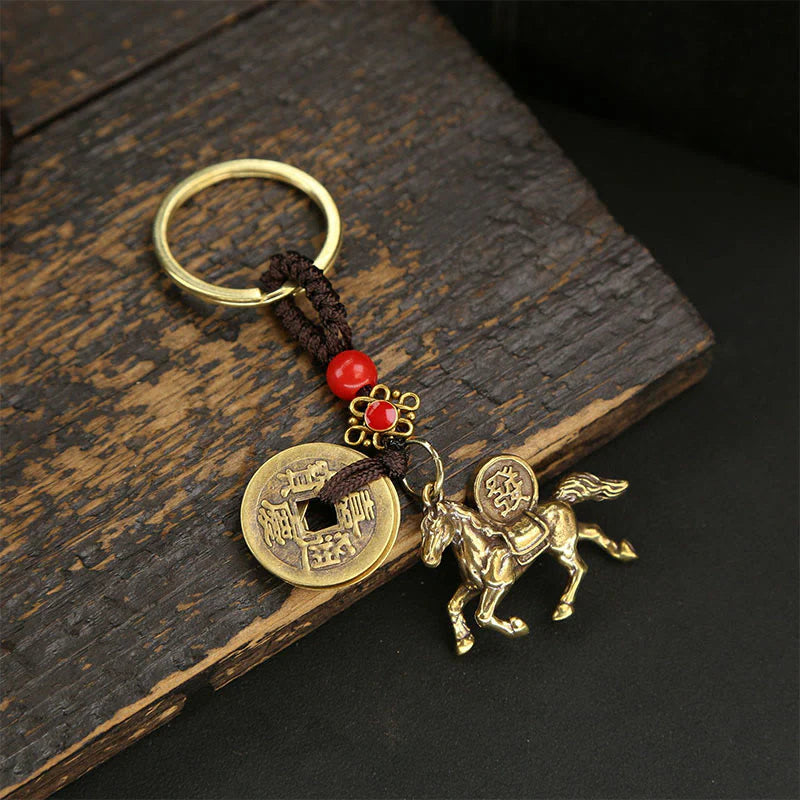 Buddha Stones Year Of The Horse Copper Brass Five-Emperor Coins Wealth Key Chain