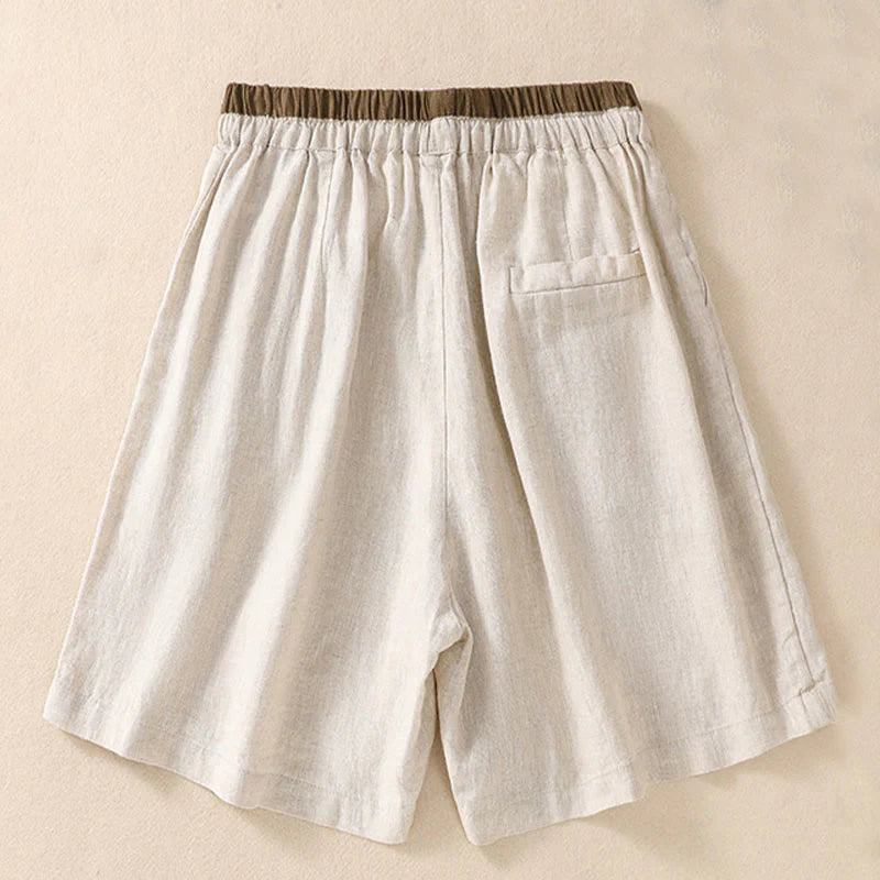 Buddha Stones Solid Color Contrast Color Waist Lace-up Cotton Linen Women's Shorts With Pockets