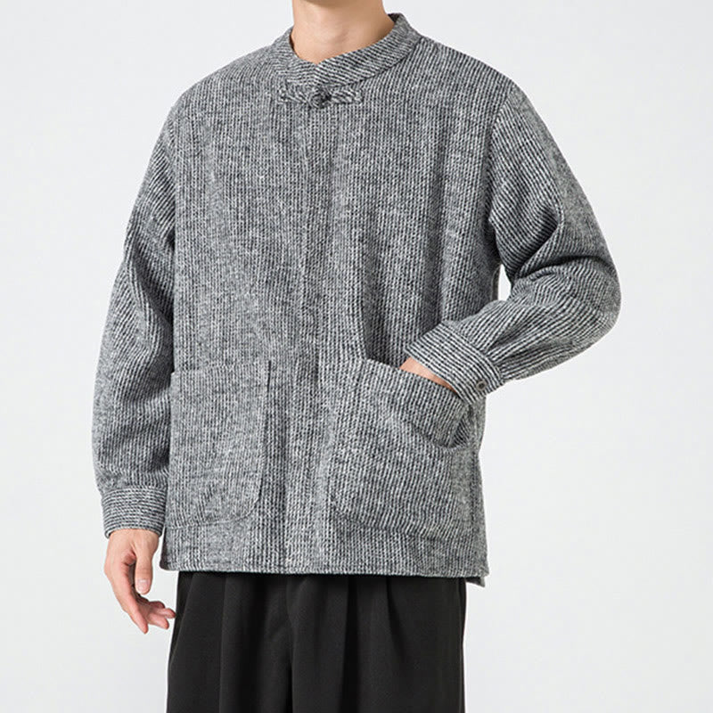 Buddha Stones Solid Color Frog-Button Long Sleeve Men's Cotton Corduroy Jacket With Pockets