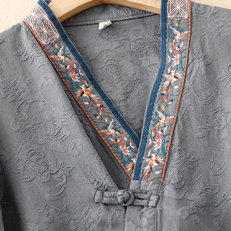 Buddha Stones Embroidered Flowers Grass Frog-Button Long Sleeve Cotton Women's Shirt