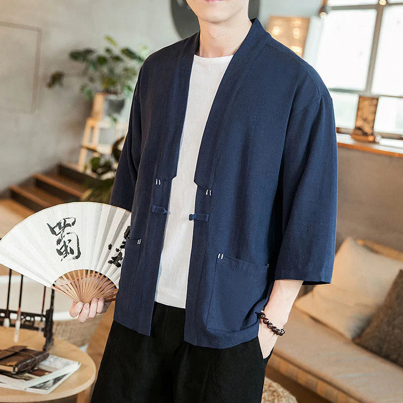 Buddha Stones Plain Chinese Frog-Button Jacket Cotton Linen Men's Three Quarter Sleeve Kimono