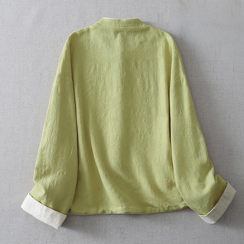 Buddha Stones Women's Plain Jacquard Stand Collar Long Sleeve Cotton Linen Jacket With Pockets