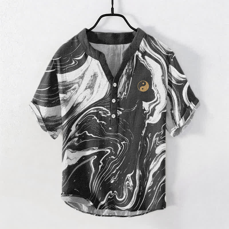 Buddha Stones Cotton Tai Chi Pattern Men's Short Sleeve Half Button Shirt