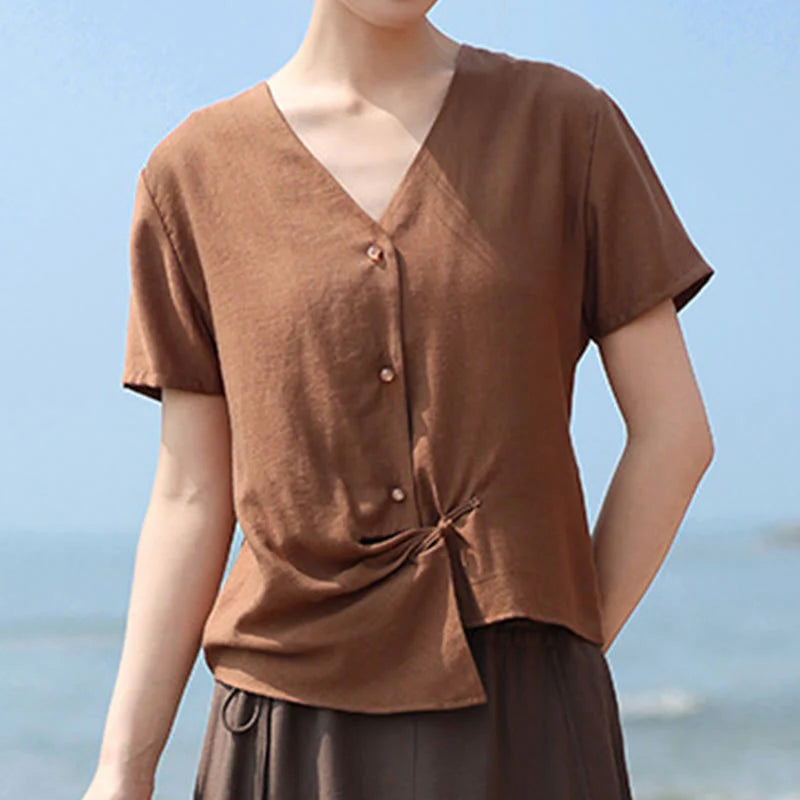Buddha Stones Button Irregular Design V-Neck Cotton Linen Women's Short Sleeve Shirt