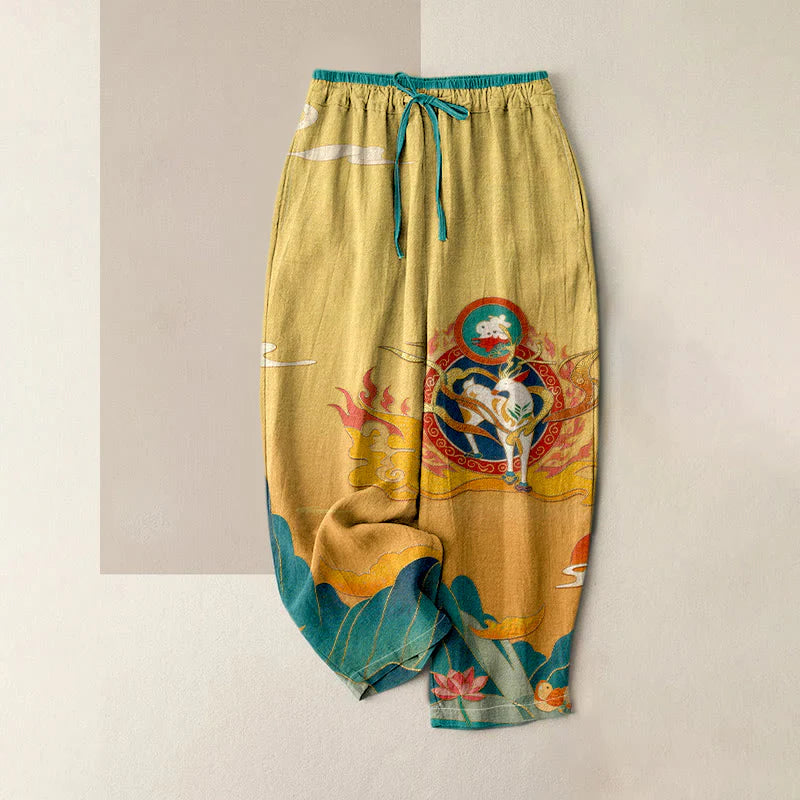 Buddha Stones Pure Cotton Deer Mountain Lotus Pattern Women's Elastic Waist Pants With Pockets