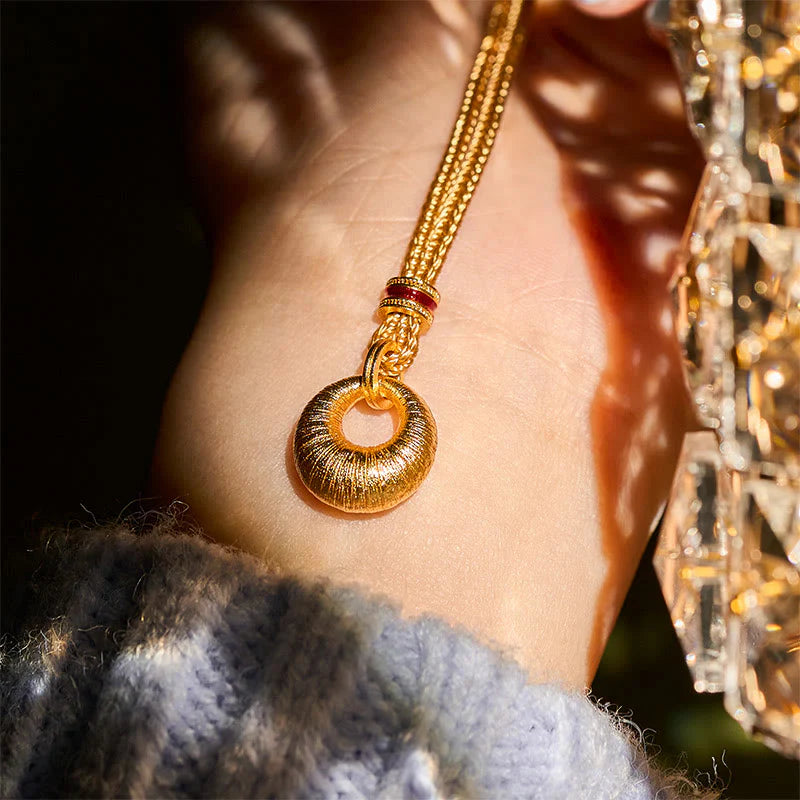 Buddha Stones 24k Gold Plated Copper Peace Buckle Texture Wealth Necklace Pendant