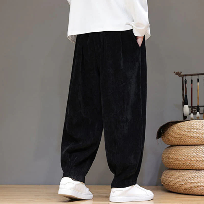 Buddha Stones Winter Pure Color Cotton Men's Harem Thickened Fleece-lined Pants With Pockets