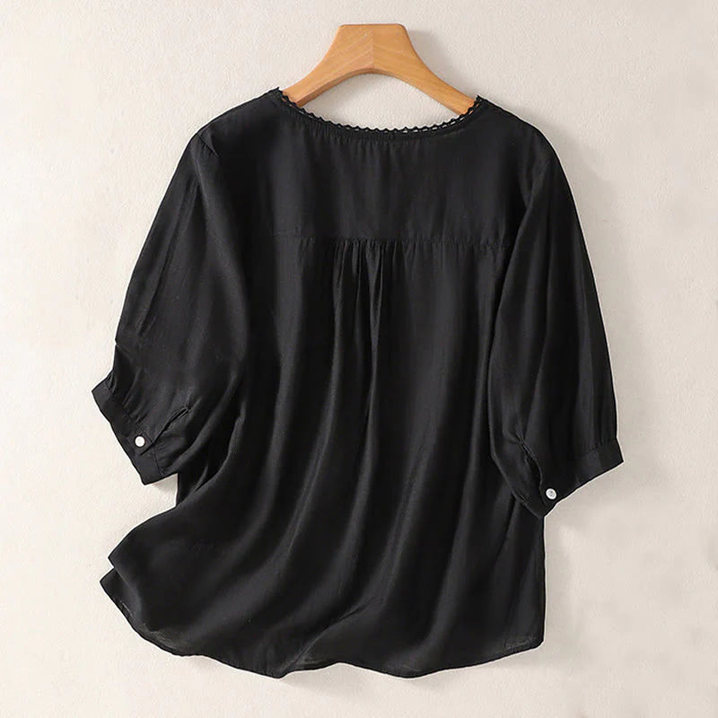 Buddha Stones Casual Embroidered Pattern Women's V-neck Design Half Sleeve Cotton Linen T-shirt