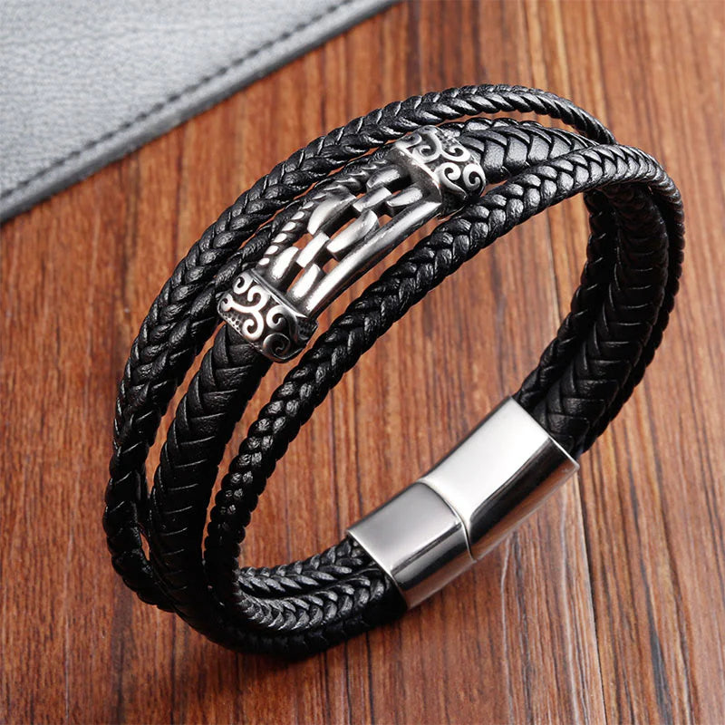 Buddha Stones Chain Link Design Titanium Steel Multi-layer Leather Balance Braided Bracelet