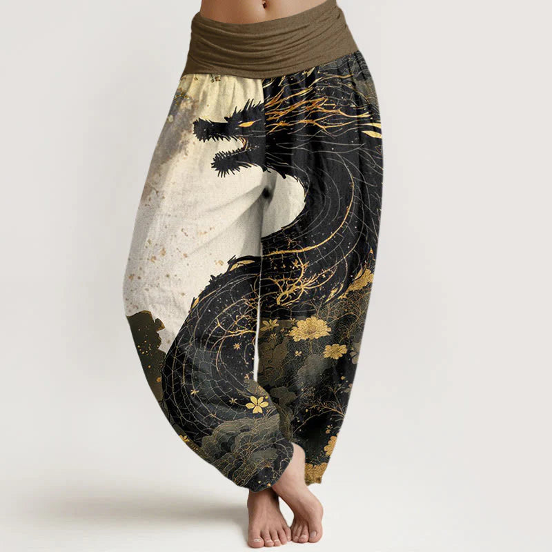 Buddha Stones Cotton Casual Dragon Ancient Tree Pattern Women's Elastic Waist Harem Pants
