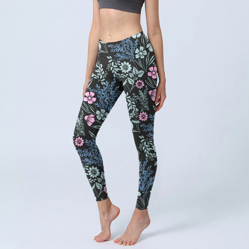 Buddha Stones Bold Color Contrast Flower Leaf Pattern Print Gym Leggings Women's Yoga Pants