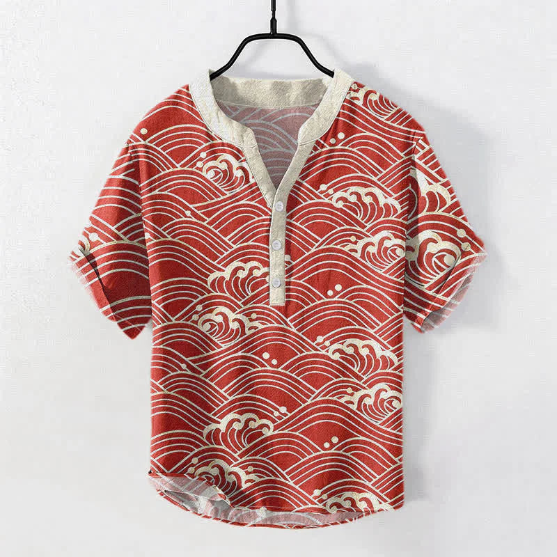 Buddha Stones Cotton Wave Emblem Men's Short Sleeve Half Button Shirt