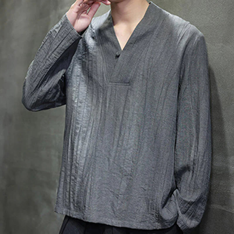 Buddha Stones Plain V-Neck Long Sleeve Men's Linen Shirt