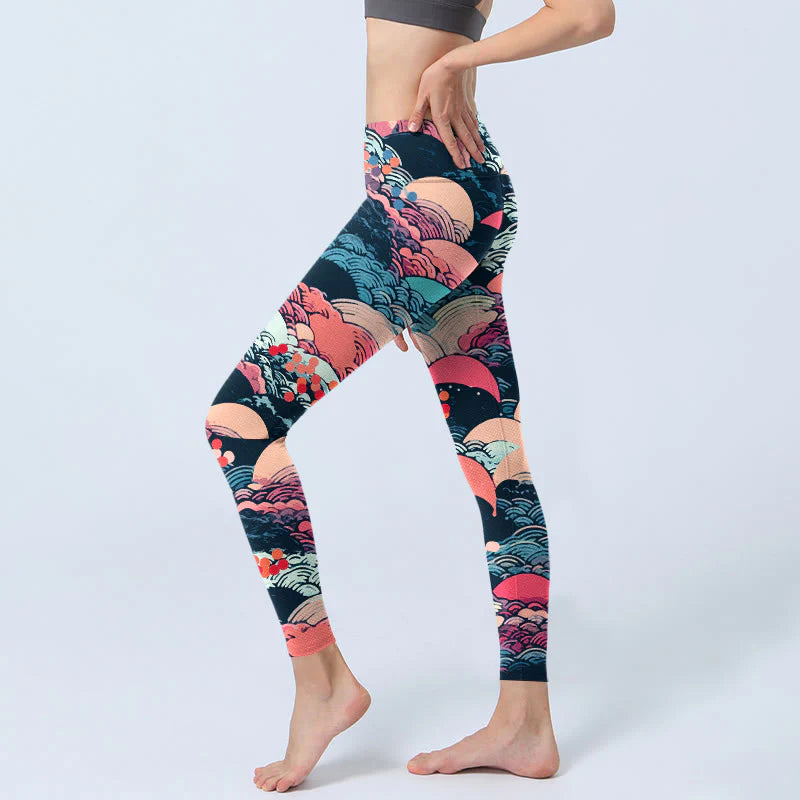 Buddha Stones Colorful Ocean Waves Print Gym Leggings Women's Yoga Pants