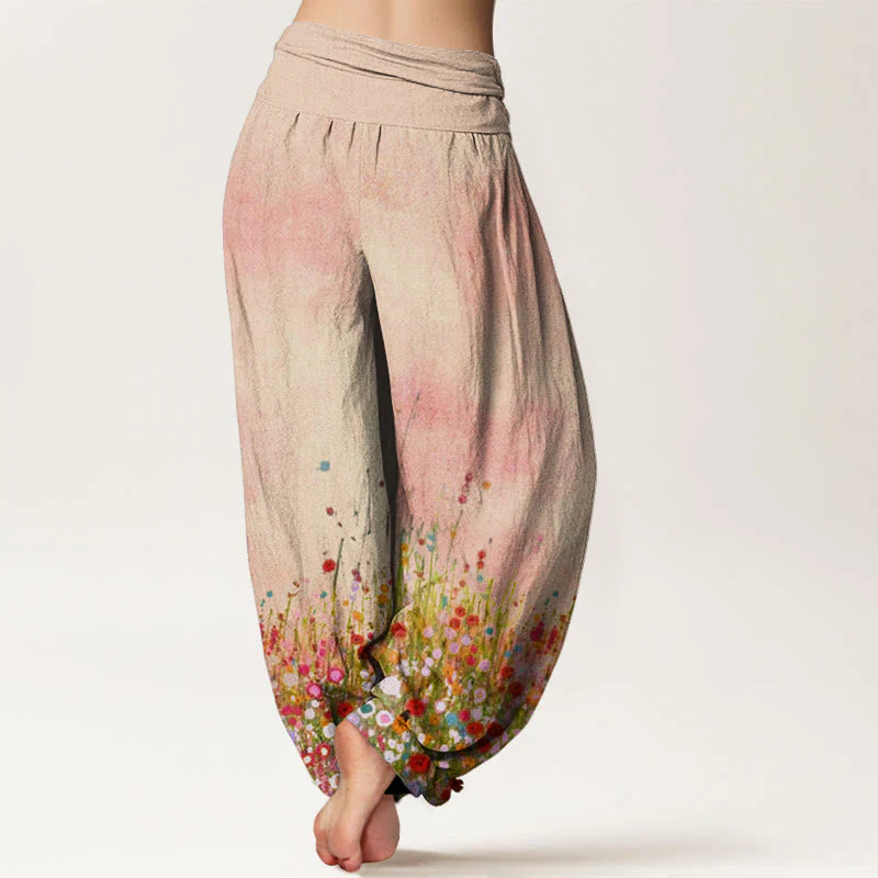 Buddha Stones Cotton Casual Colorful Wildflower Field Pattern Women's Elastic Waist Harem Pants