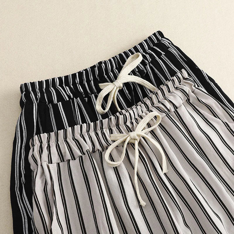 Buddha Stones Casual Acrylic Stripe Lace-up Women's Wide Leg Pants With Pockets