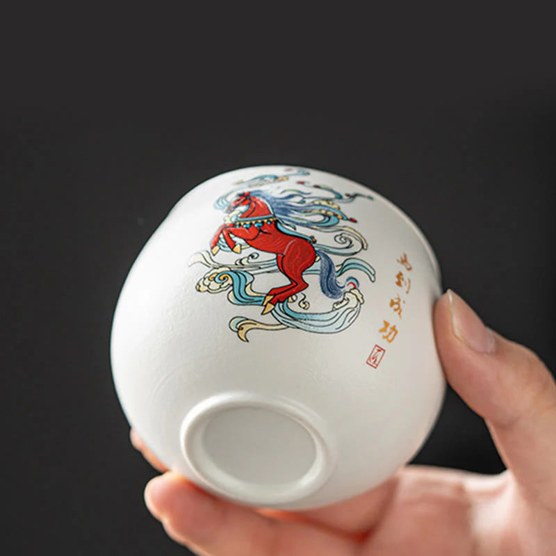 Buddha Stones Year Of The Horse Hand Painted Ceramic Teacup Kung Fu Tea Cup
