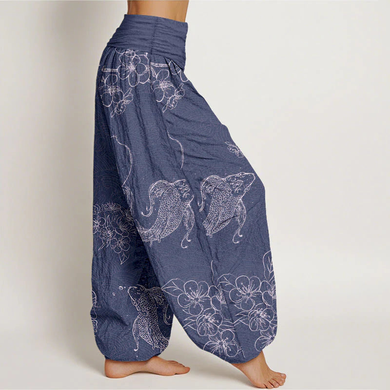 Buddha Stones Pure Cotton Exquisite Koi Fish Flowers Patterns Women's Elastic Waist Harem Pants