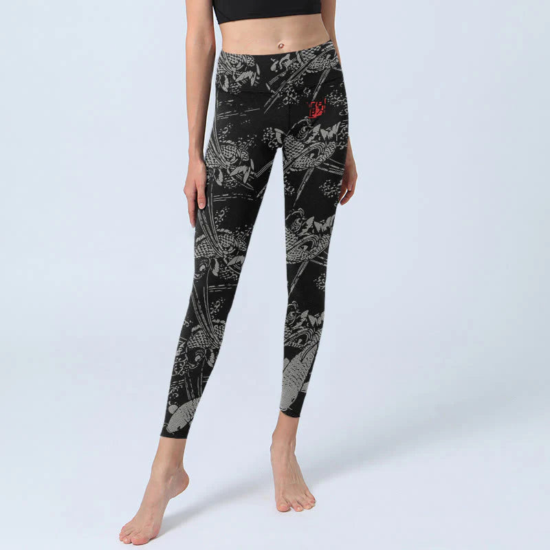 Buddha Stones Black Koi Fish Pattern Print Gym Leggings Women's Yoga Pants