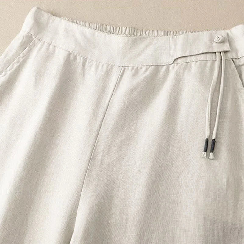 Buddha Stones Casual Solid Color One Button Women's Capri Wide Leg Pants With Pockets