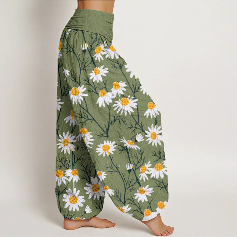 Buddha Stones Cotton White Petals Daisy Pattern Women's Elastic Waist Harem Pants