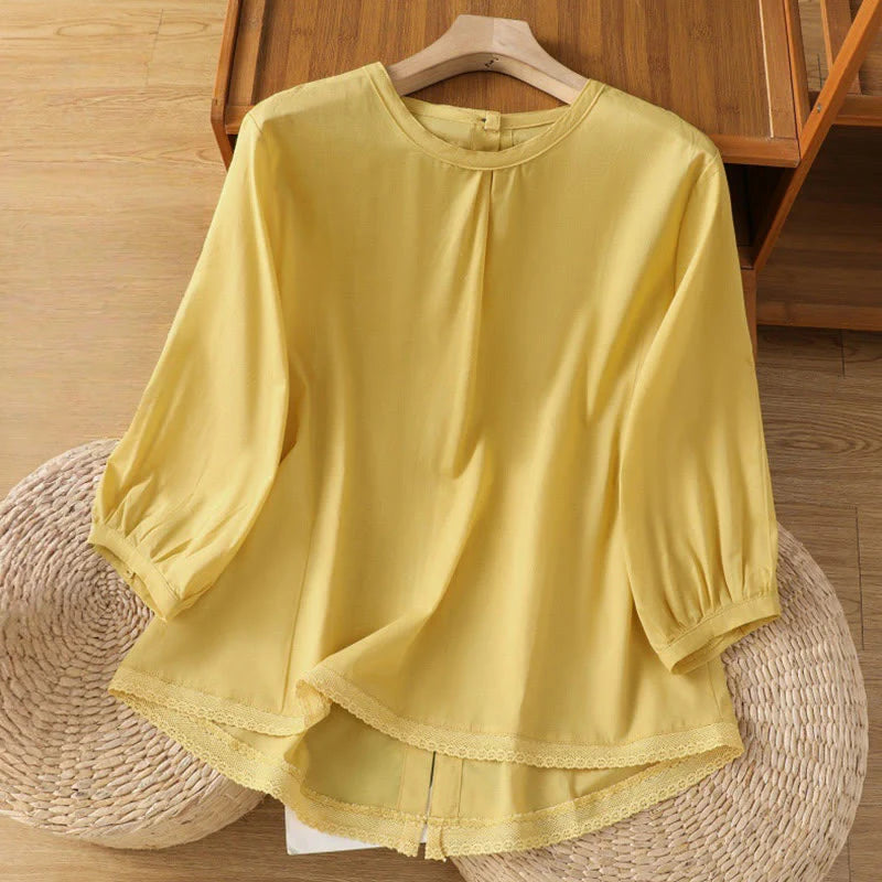 Buddha Stones Plain Lace Hem Single Breasted Button Cotton Linen Three Quarter Sleeve Women's Crew Neck Shirt