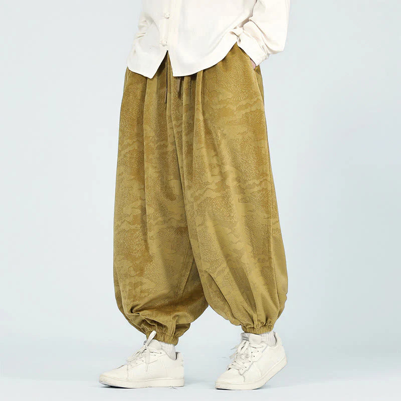 Buddha Stones Fall Plain Jacquard Design Drawstring Men's Harem Pants With Pockets