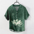 Buddha Stones Cotton Lotus Pattern Men's Short Sleeve Half Button Shirt