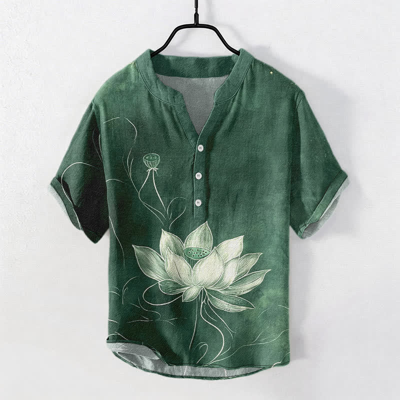 Buddha Stones Cotton Lotus Pattern Men's Short Sleeve Half Button Shirt