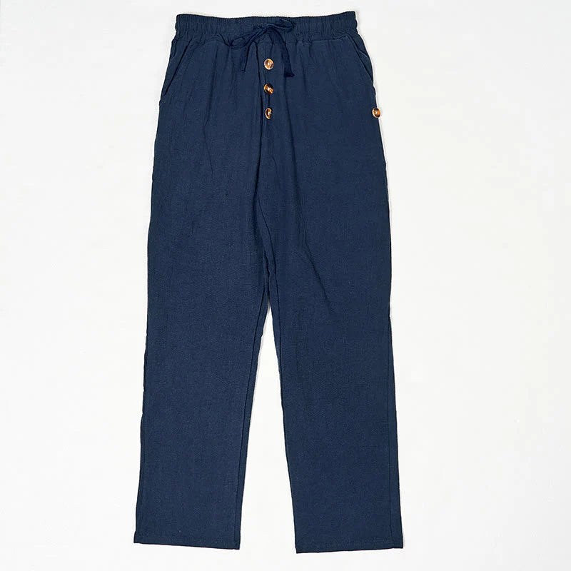 Buddha Stones Solid Color Buttons Drawstring Men's Cotton Pants With Pockets