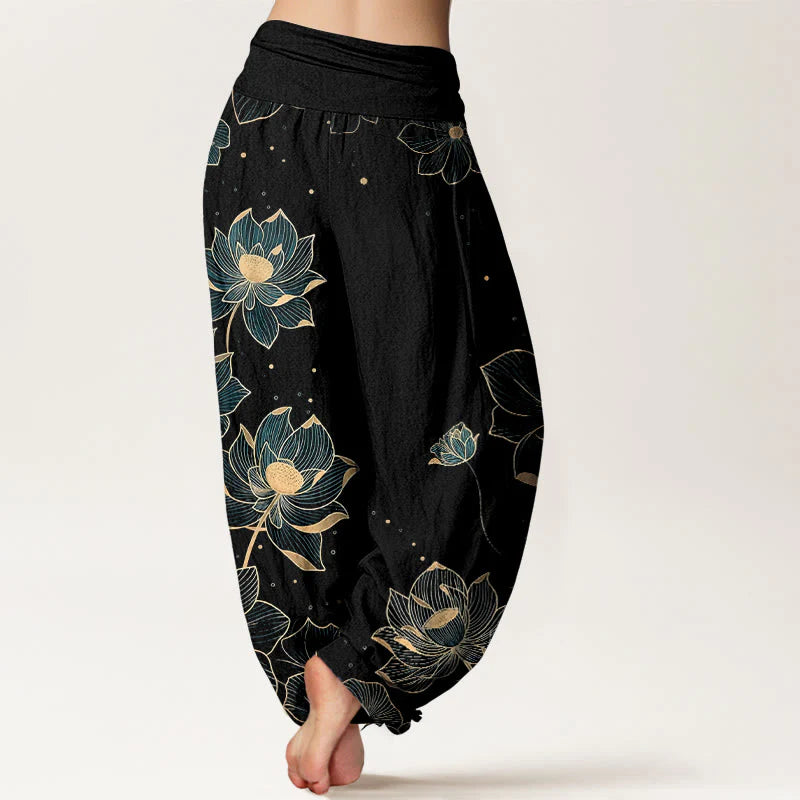 Buddha Stones Pure Cotton Delicate Lotus Pattern Women's Elastic Waist Harem Pants