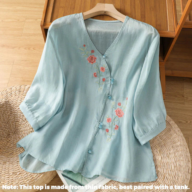 Buddha Stones Embroidered Flowers Cotton Women's V-neck Shirt