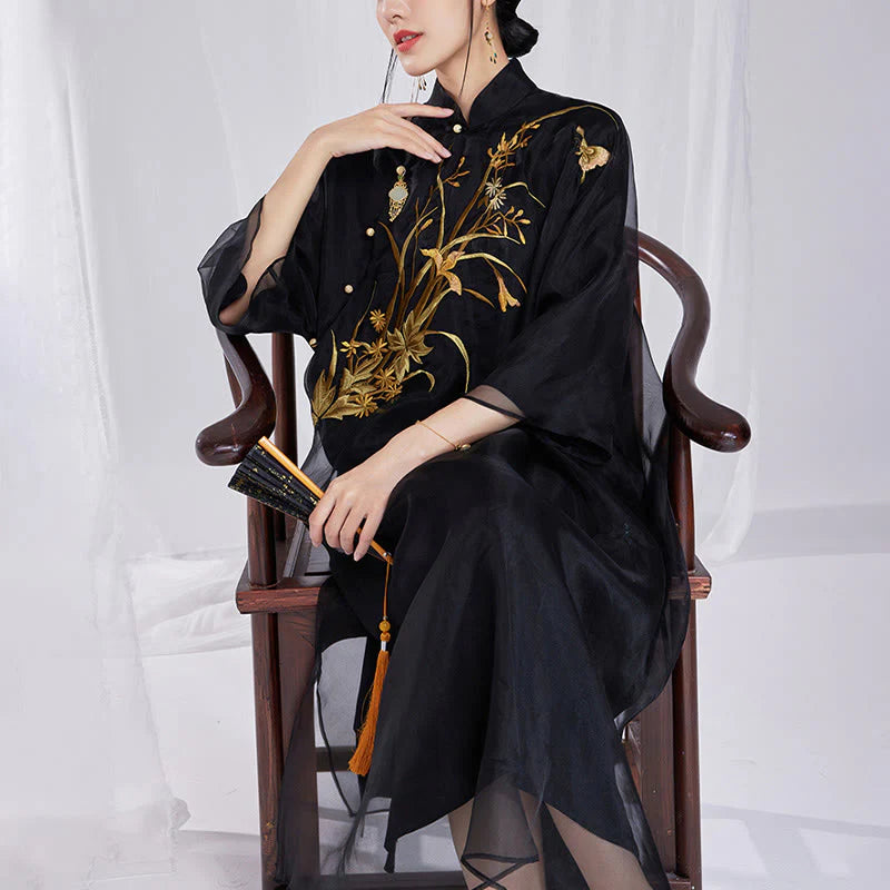 Buddha Stones 100% Mulberry Silk 6 Momme Dress Vintage Flower Butterfly Embroidery Qipao Dress Women's Cheongsam Dress
