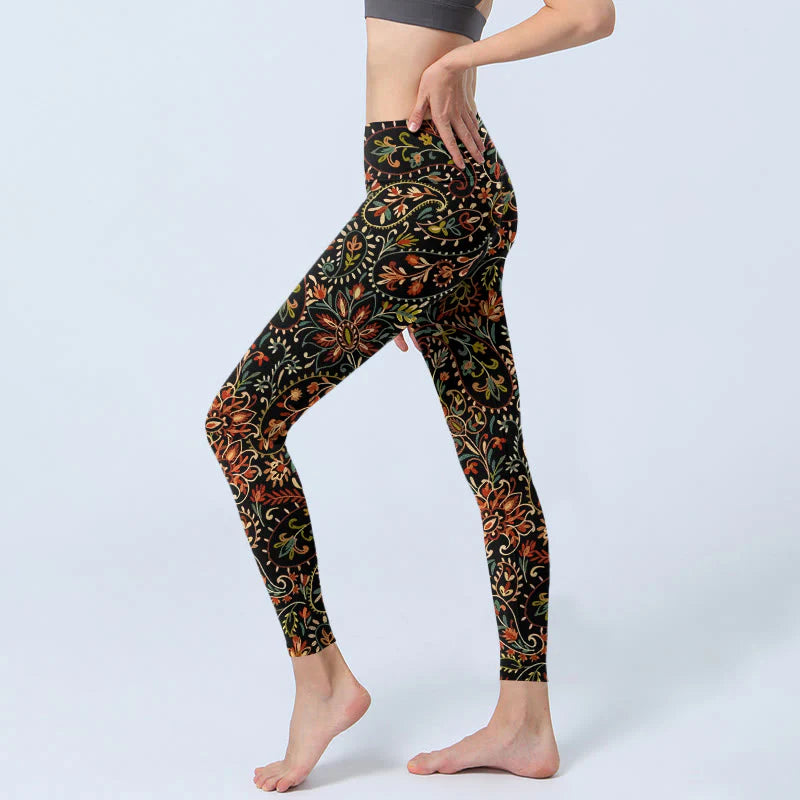 Buddha Stones Intricate Flower Leaf Pattern Print Gym Leggings Women's Yoga Pants