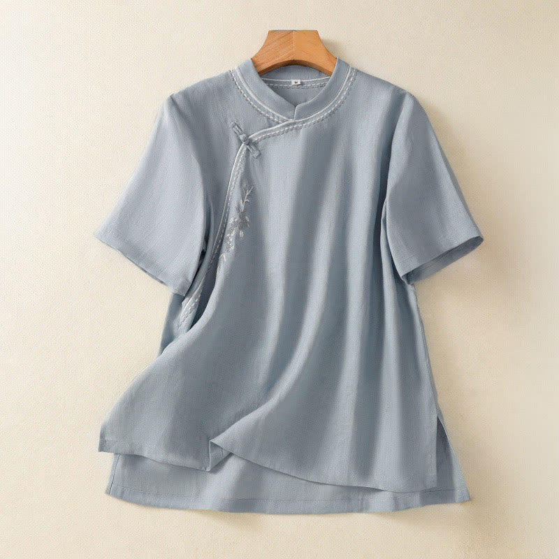 Buddha Stones Summer Stand Collar Short Sleeve Plain Women's  Frog-Button Cotton Shirt With Pocket