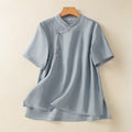 Buddha Stones Summer Stand Collar Short Sleeve Plain Women's  Frog-Button Cotton Shirt With Pocket