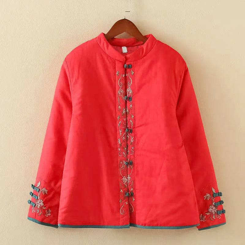 Buddha Stones Winter Flower Embroidery Frog-Button Long Sleeve Women's Thermal Jacket
