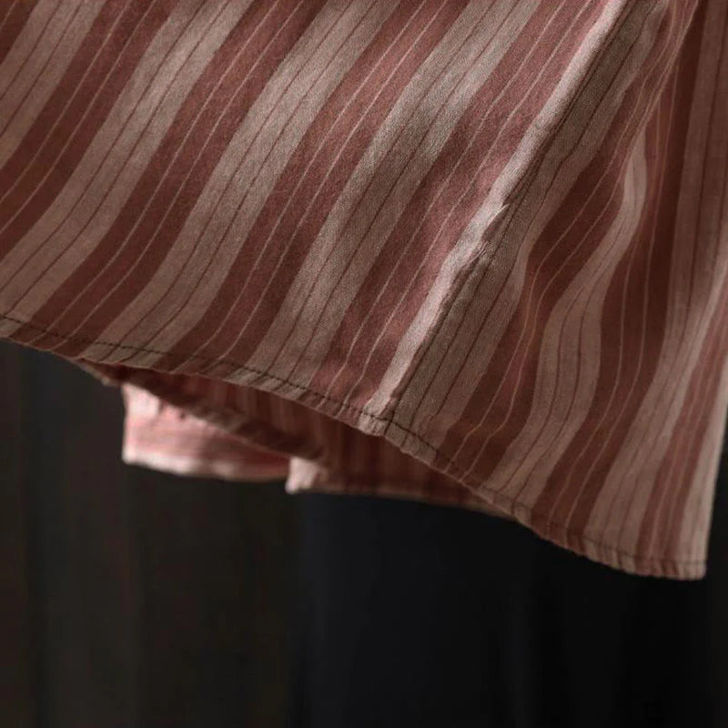 Buddha Stones Fall Vertical Stripes Button Down Stand Collar Long Sleeve Women's Cotton Shirt